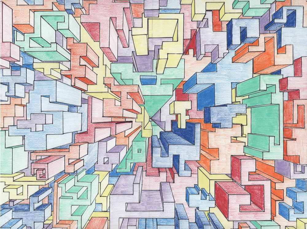 linear perspective- one point- project examples- multi color shapes and forms