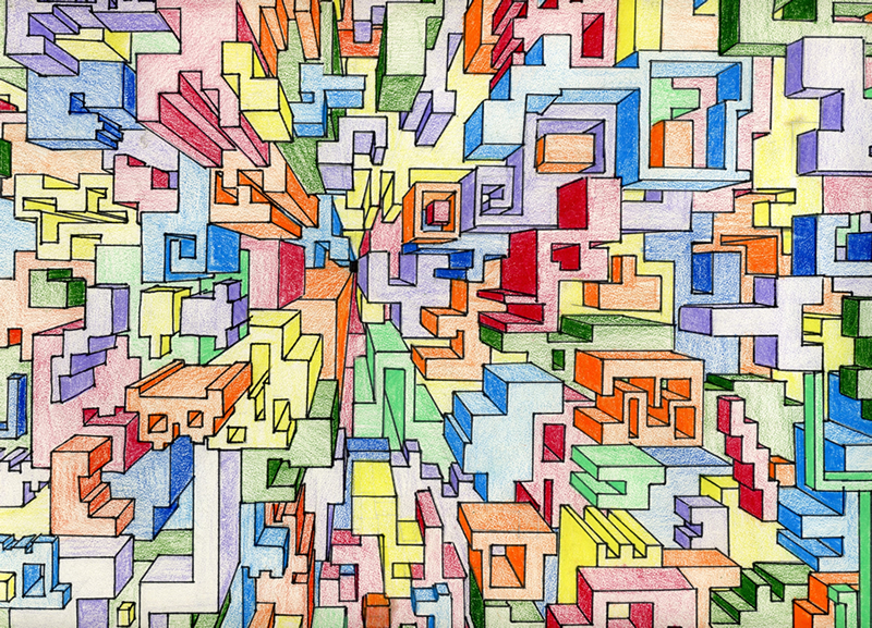 linear perspective- one point- project examples- multi color shapes and forms