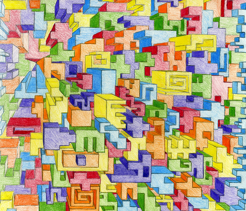 linear perspective- one point- project examples- multi color shapes and forms